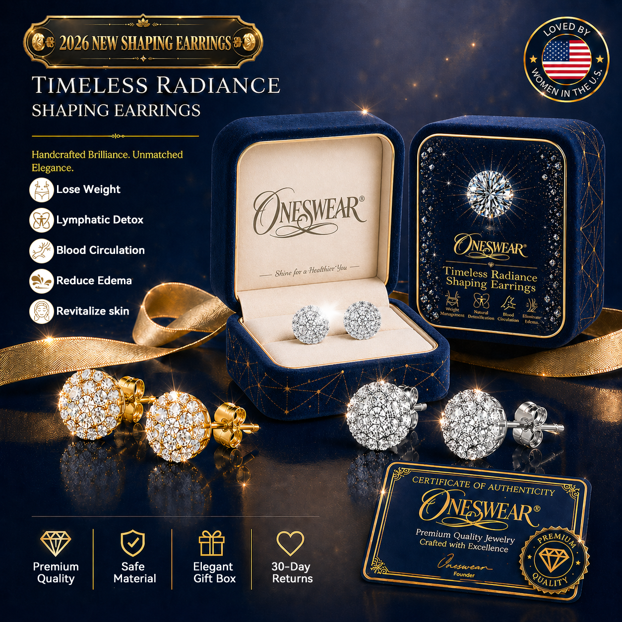 🔥 90% OFF TODAY: Oneswear® Timeless Radiance Shaping Earrings-✨Helps support weight management, reduce water retention, and promote healthy circulation