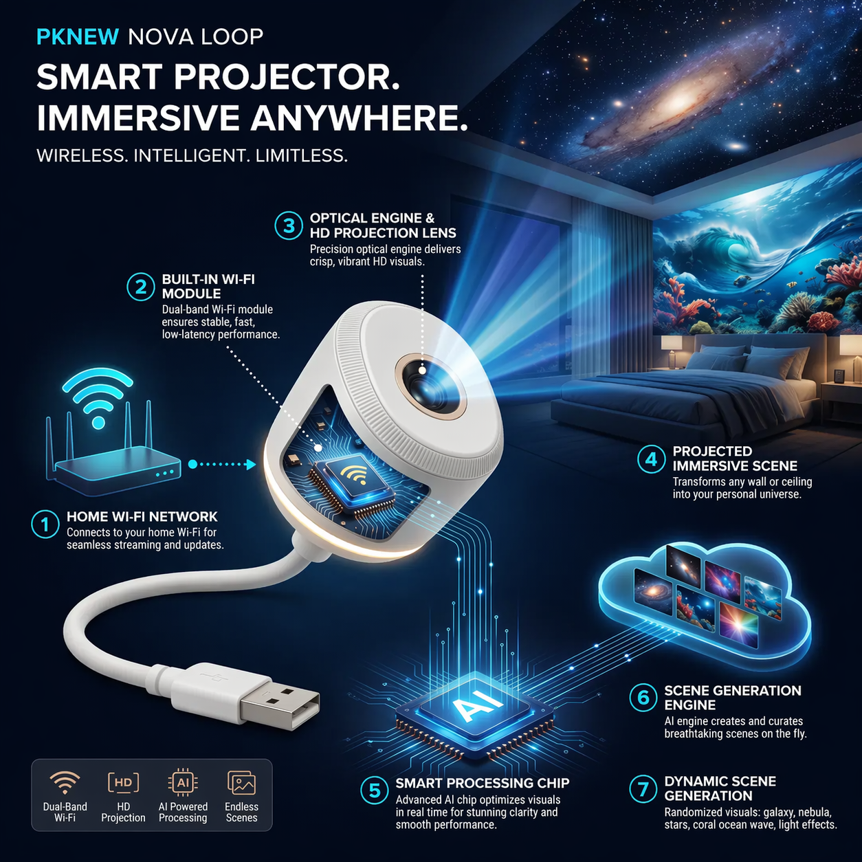 🌘Nectavira® NEXT-GEN SMART PROJECTION HD Smart Dynamic 5D Holographic Night Light Projector