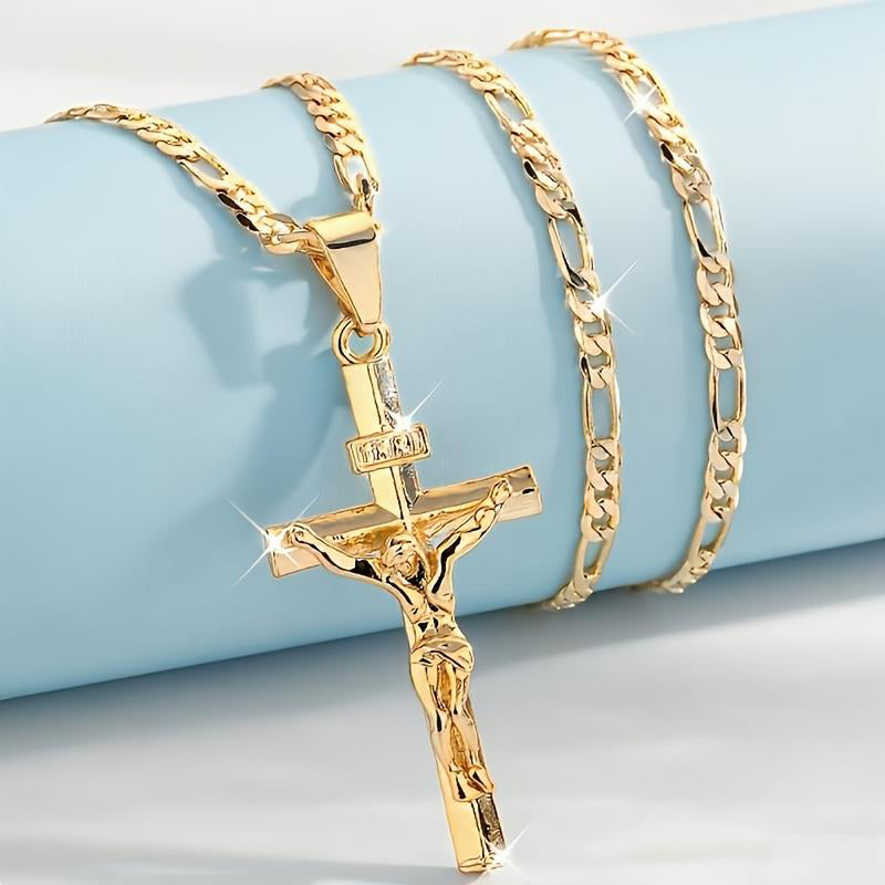 ✝️ Crucifix Cross Necklace – Adjustable Figaro Chain Faith Pendant